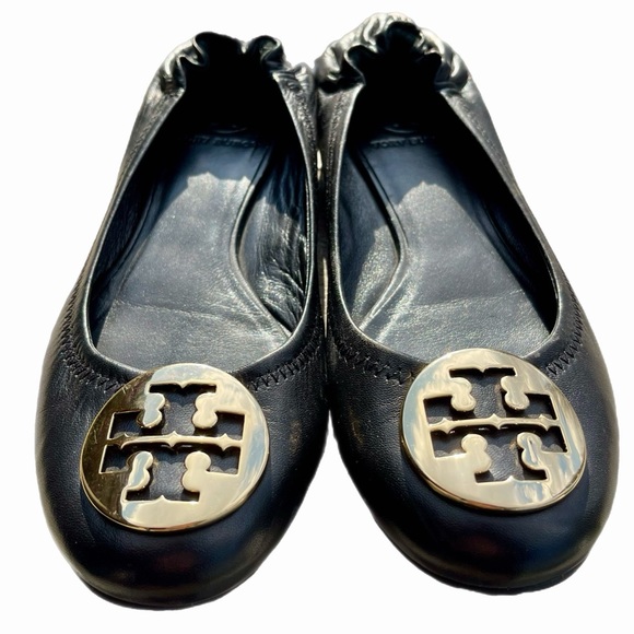 Tory Burch Shoes - Tory Burch Women's Size 7.5 Reva Black Leather Gold Logo Classic Flats Shoes